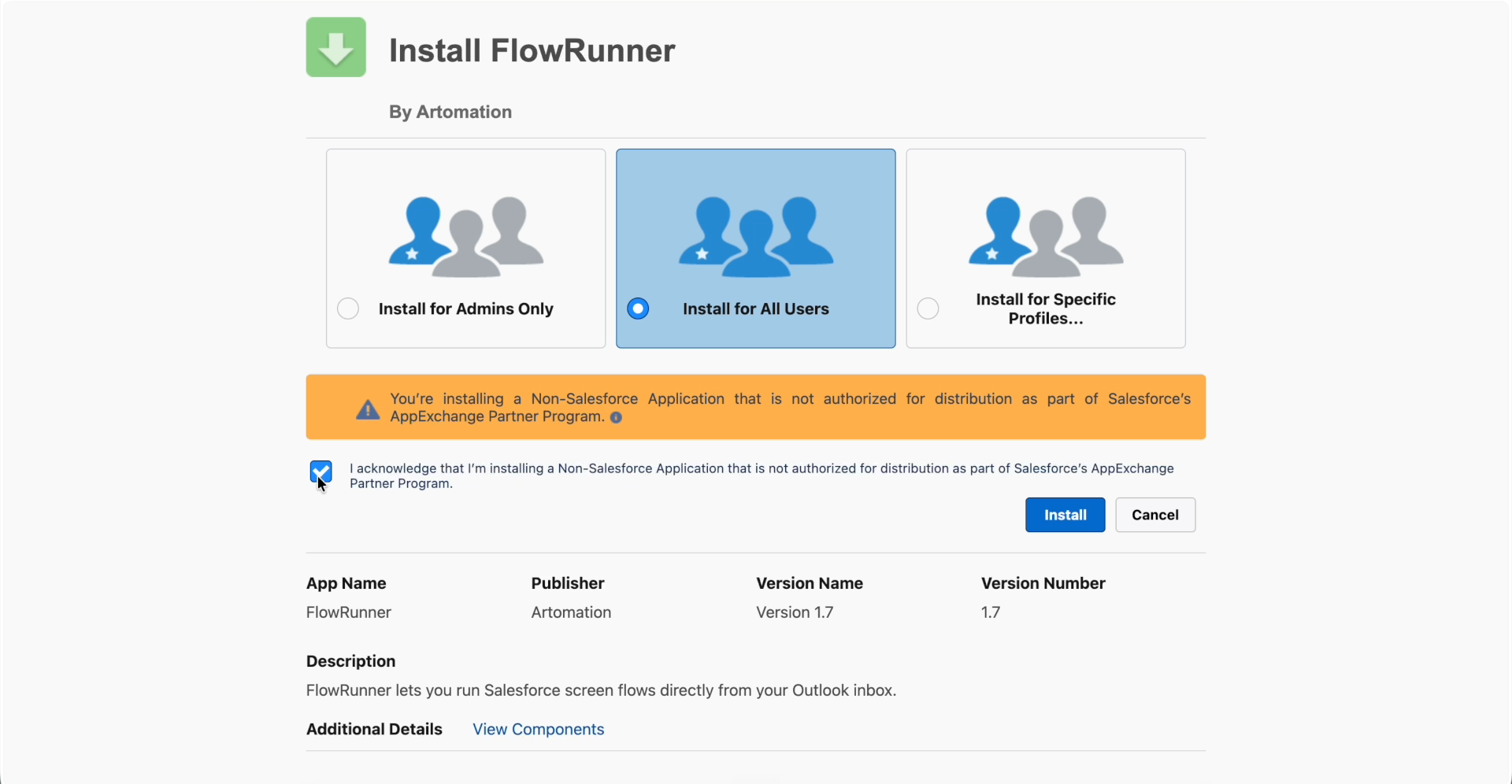 Salesforce package installation screen with 'Install for All Users' selected and the acknowledgment checkbox checked