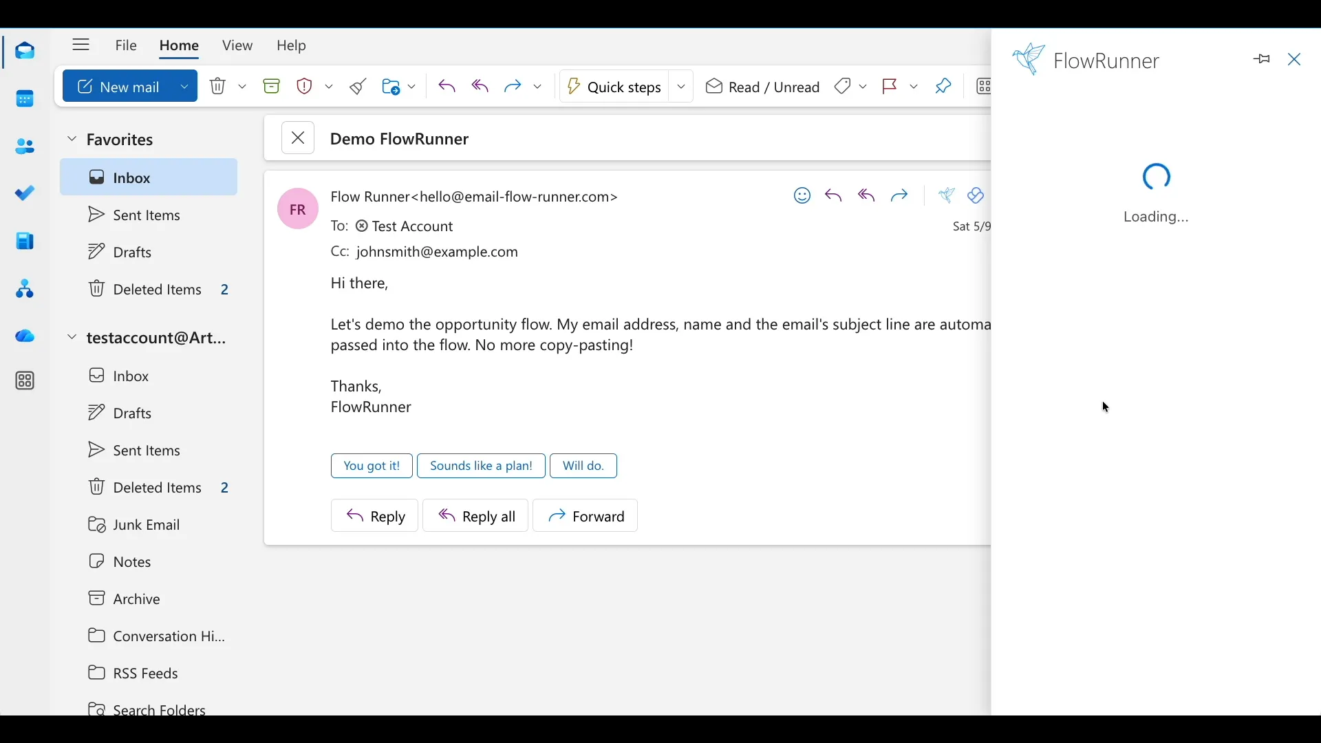 Open an email — the sidebar populates with matched Contact, Account, and Opportunity from the record-lookup Flow.