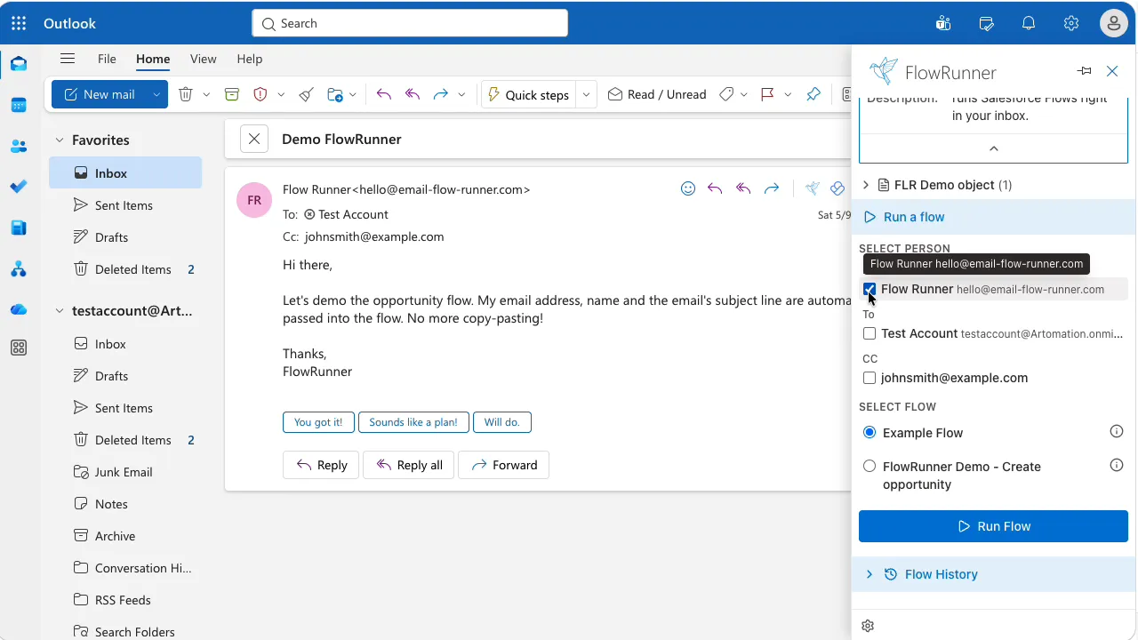 Click a Flow — the Screen Flow opens in the sidebar with email context (sender, subject, body) pre-filled.