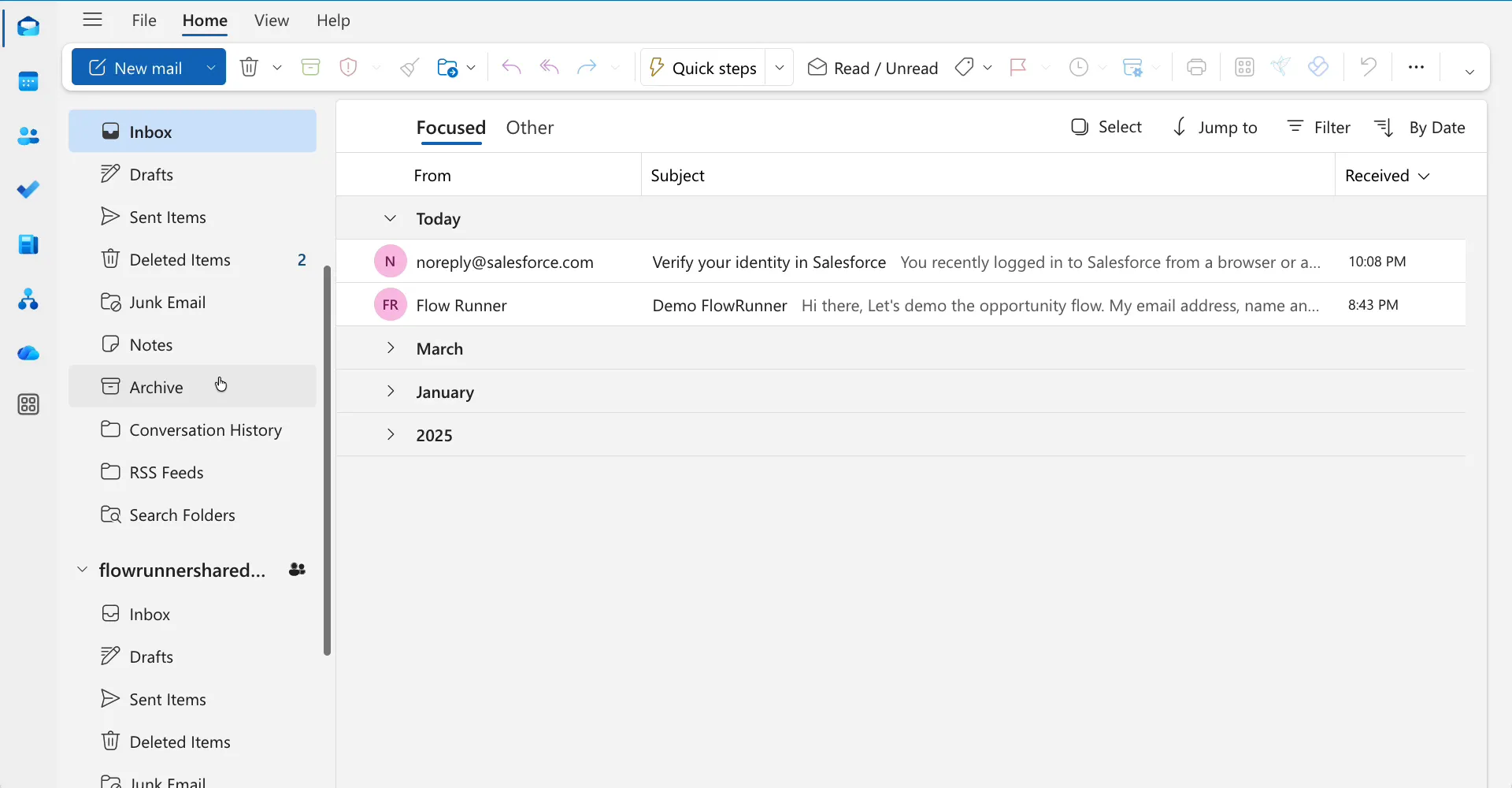 Open the same thread as a colleague — see their Flow run history above the action panel.