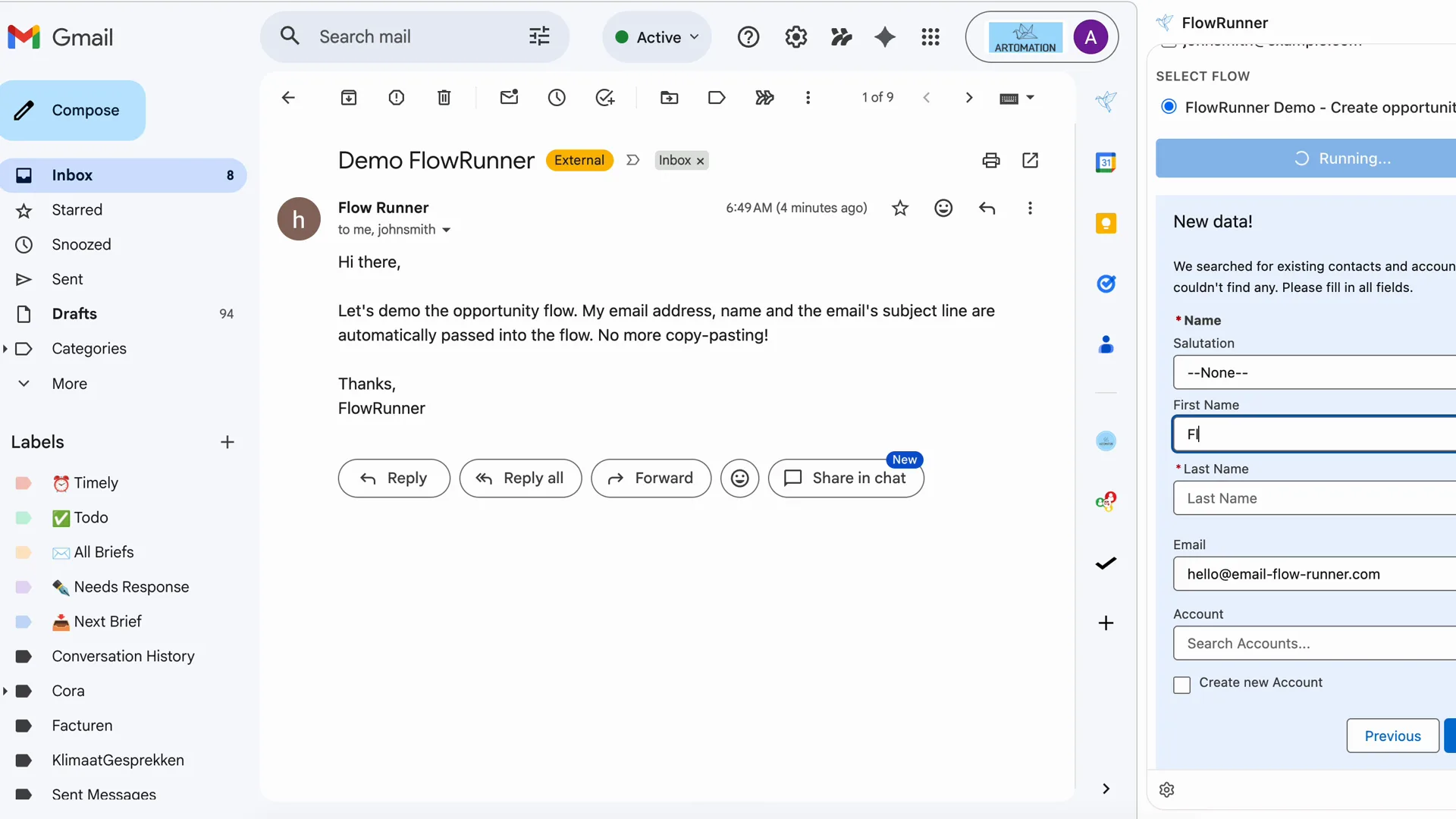 A Salesforce Screen Flow running in the FlowRunner side panel inside Gmail.