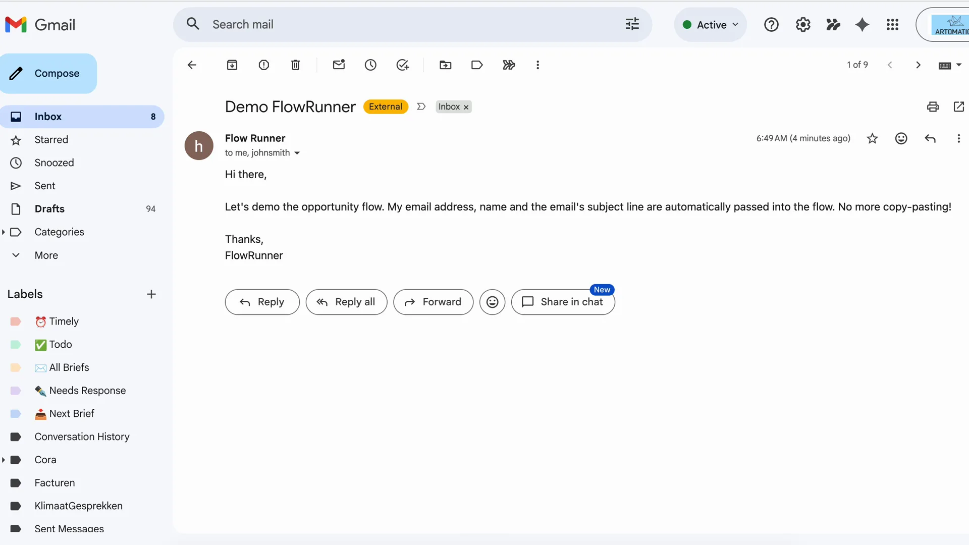 FlowRunner running in Gmail. A Salesforce Screen Flow executes in the sidebar next to the email.