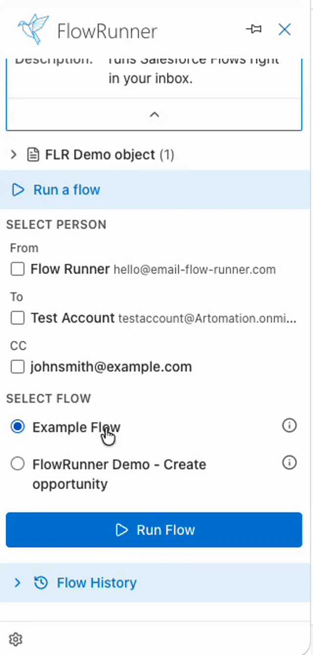 The FlowRunner side panel showing lookup results and a flow ready to run.
