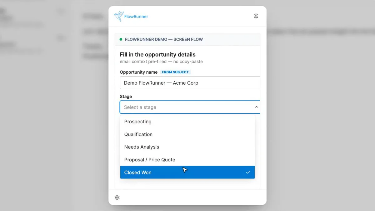 A FlowRunner Screen Flow running from the inbox: matched Salesforce records surface, then the flow fills in the opportunity details with email context pre-filled.