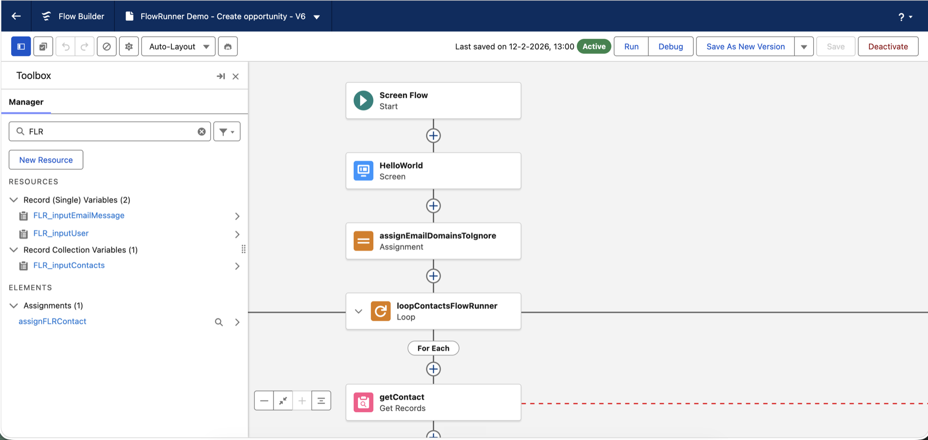 Flow Builder canvas with FLR_inputContacts, FLR_inputEmailMessage, and FLR_inputUser declared as Screen Flow input variables