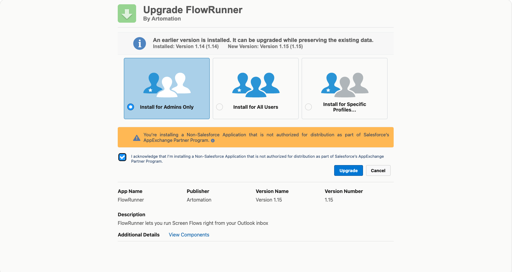Salesforce Setup screen, Installed Packages list with the FlowRunner managed package installed.