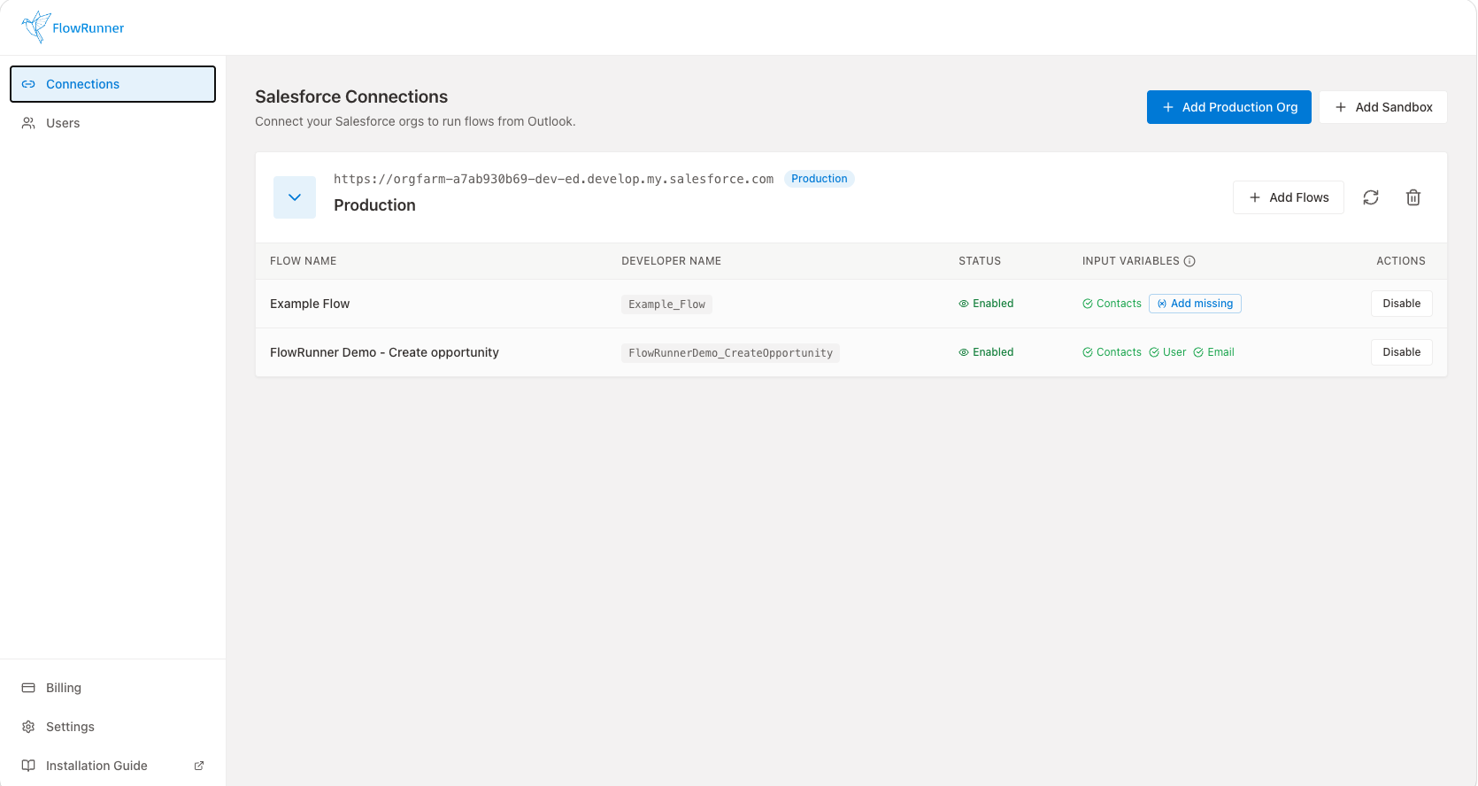 FlowRunner admin panel, Flow visibility configuration showing flows assigned per persona.